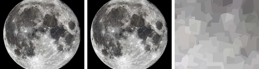 Una foto de la luna, el resultado del modo foto y el mismo resultado ampliado ocho veces