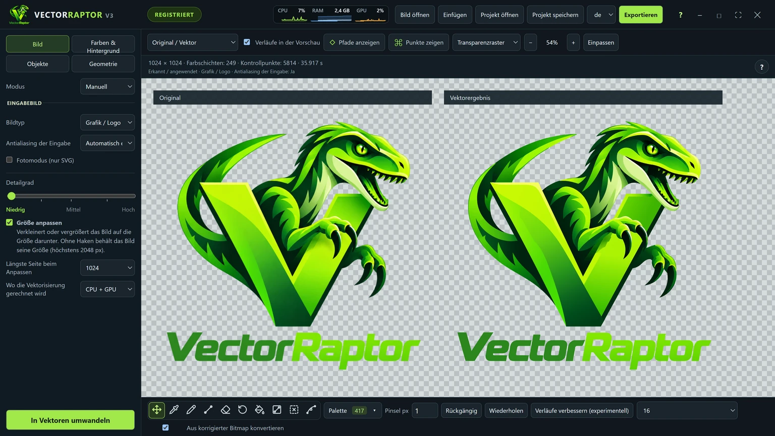 Das Fenster von VectorRaptor mit Original und Vektorergebnis nebeneinander