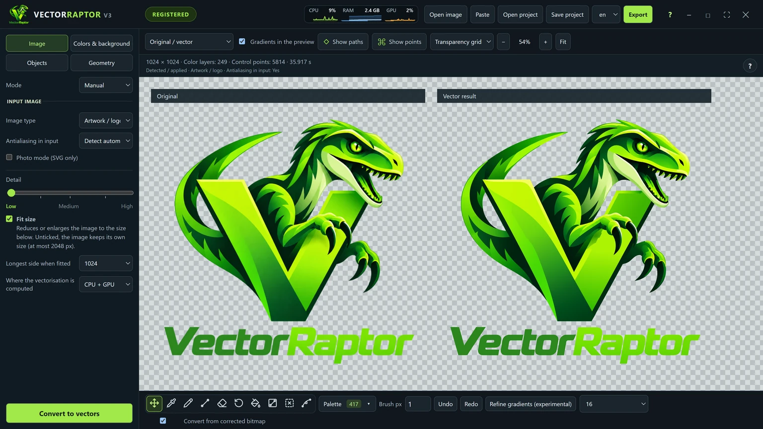 The VectorRaptor window: the original logo with gradients on the left, the vector result with the same colour transitions on the right