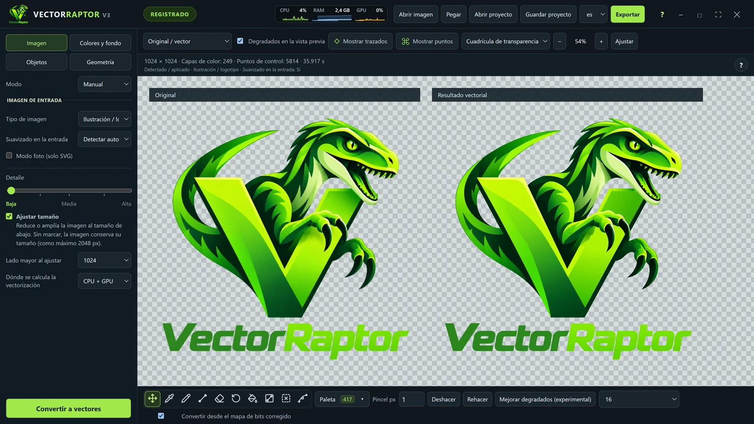 La ventana de VectorRaptor: a la izquierda el logotipo original con degradados, a la derecha el resultado vectorial con las mismas transiciones de color
