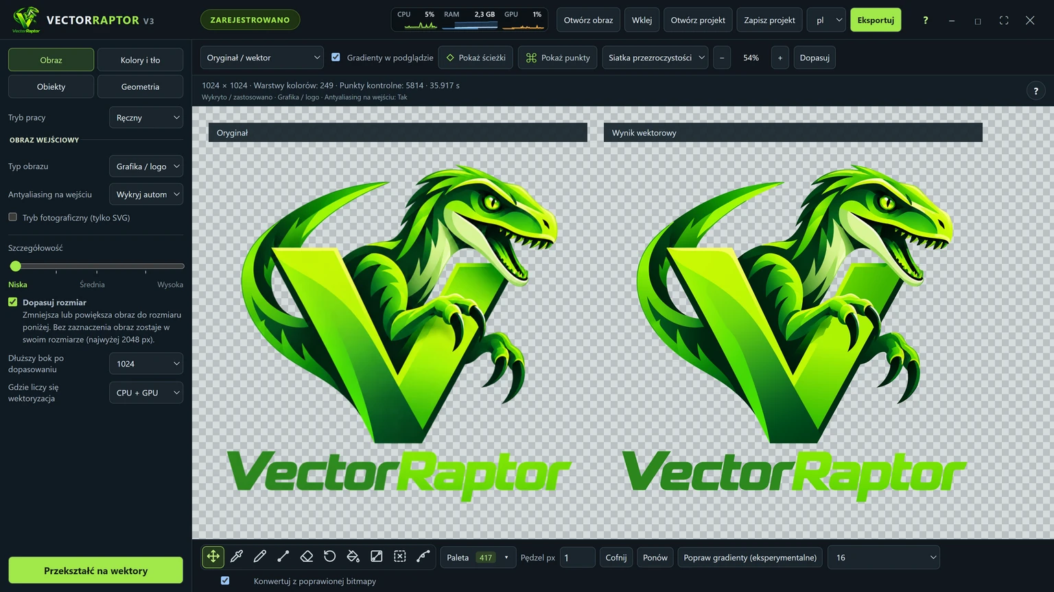 Okno programu VectorRaptor z oryginałem i wynikiem wektorowym obok siebie