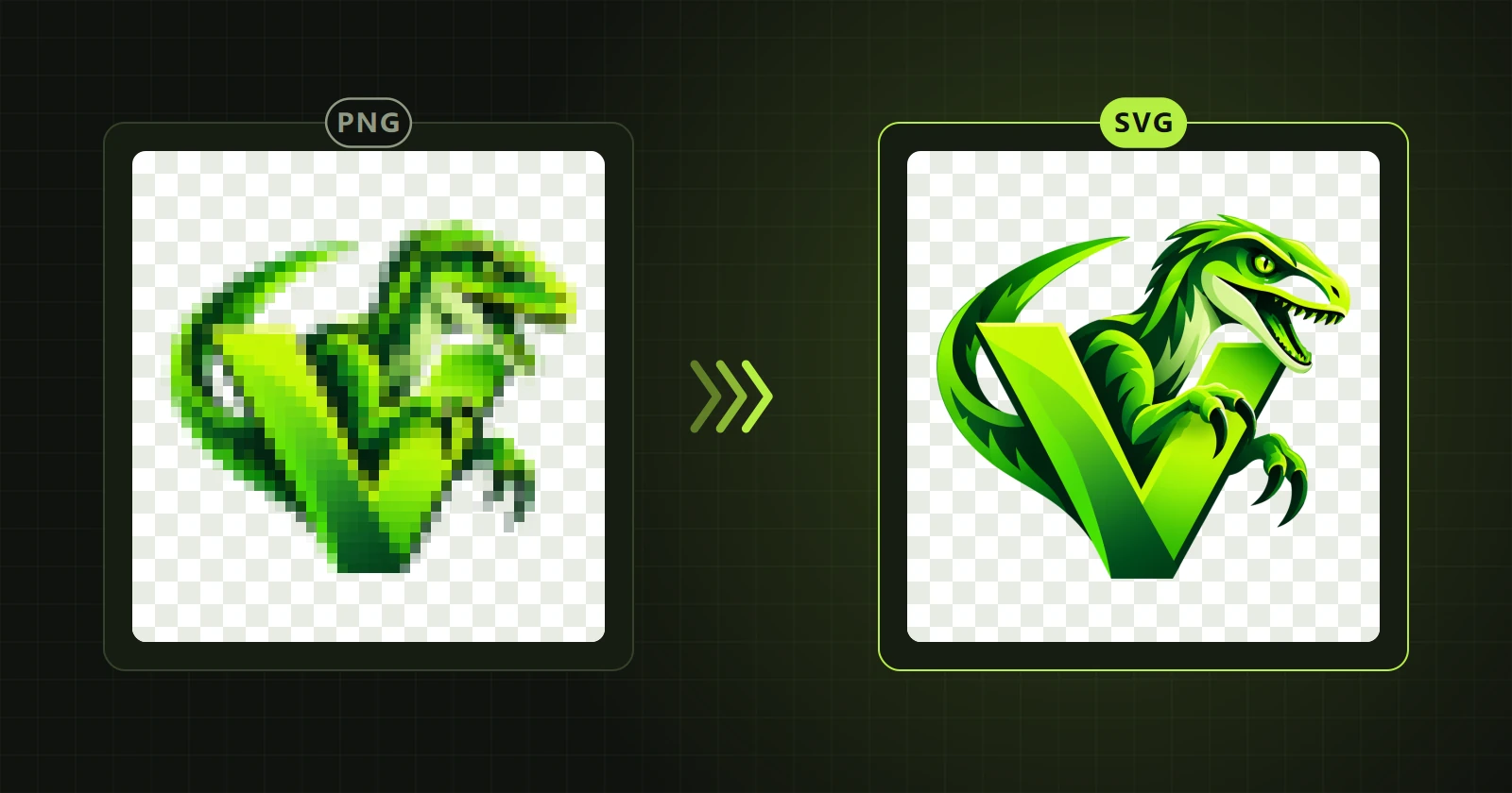 Un logotipo pixelado en PNG junto al mismo logotipo como vector SVG