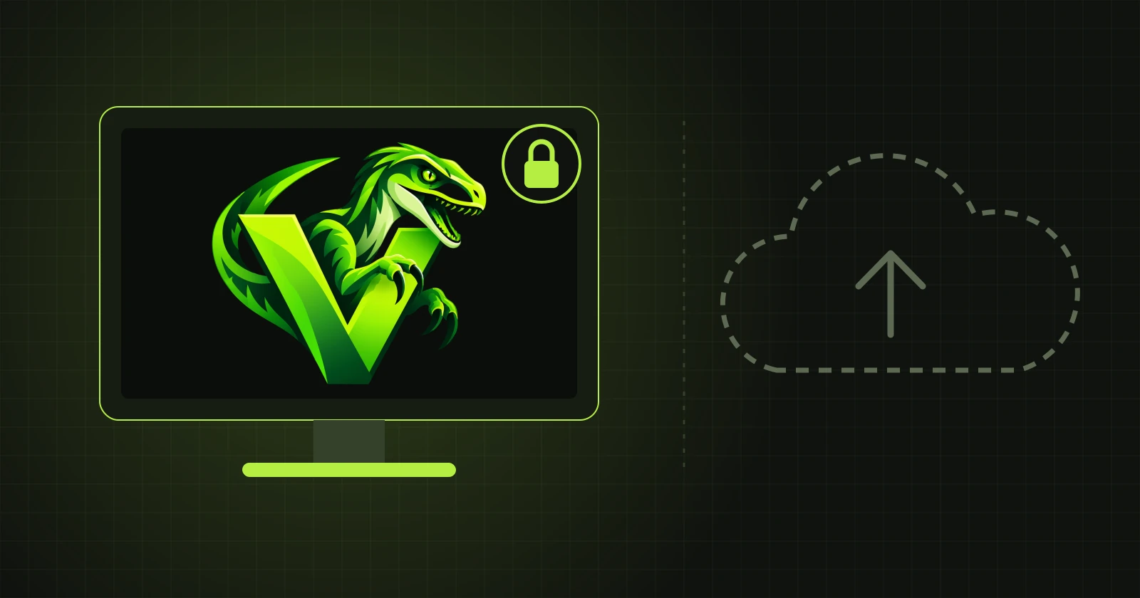 Un monitor con un logotipo y un candado junto a una nube con icono de subida