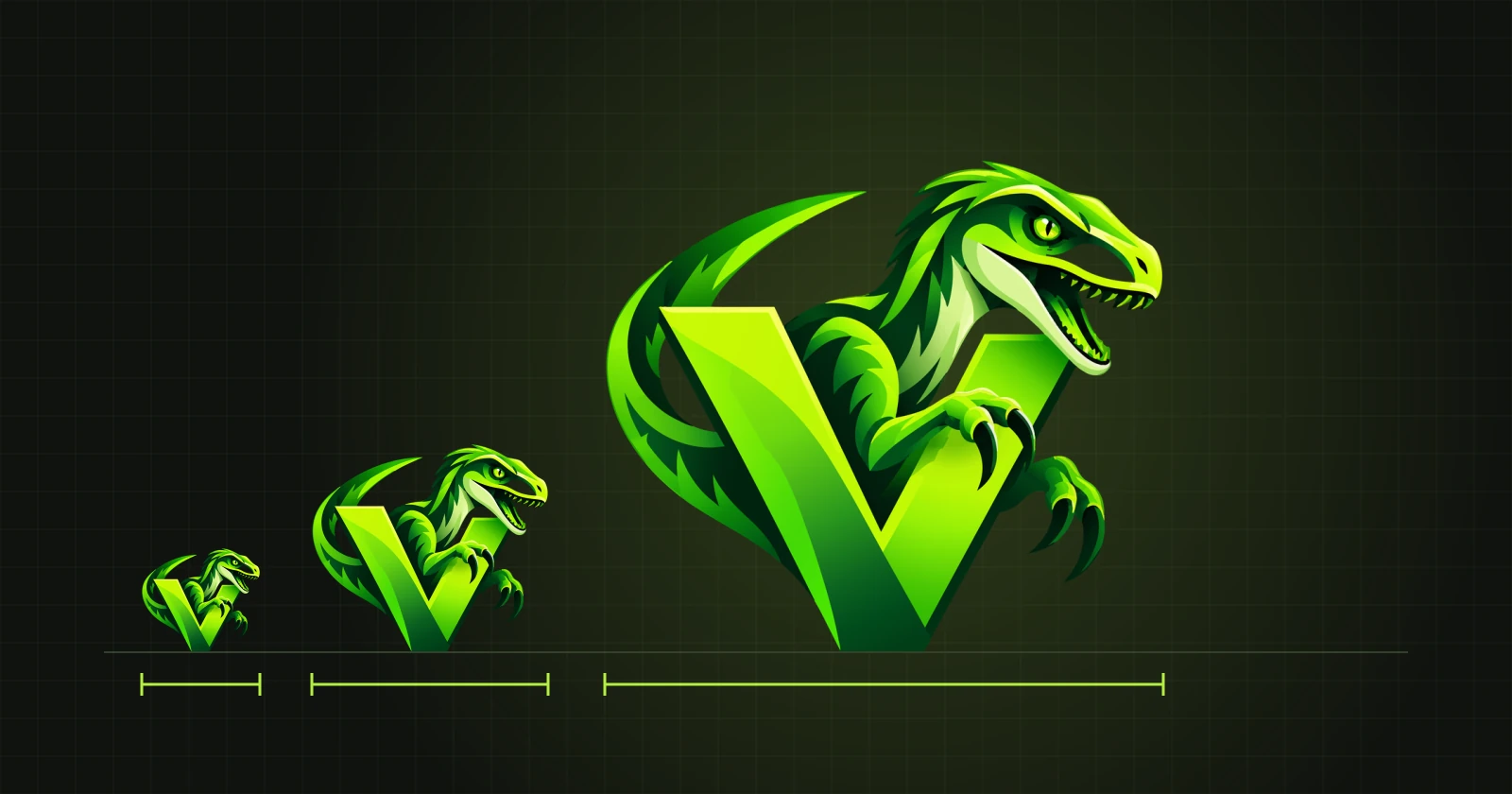 El mismo logotipo vectorial en tres tamaños, de pequeño a grande