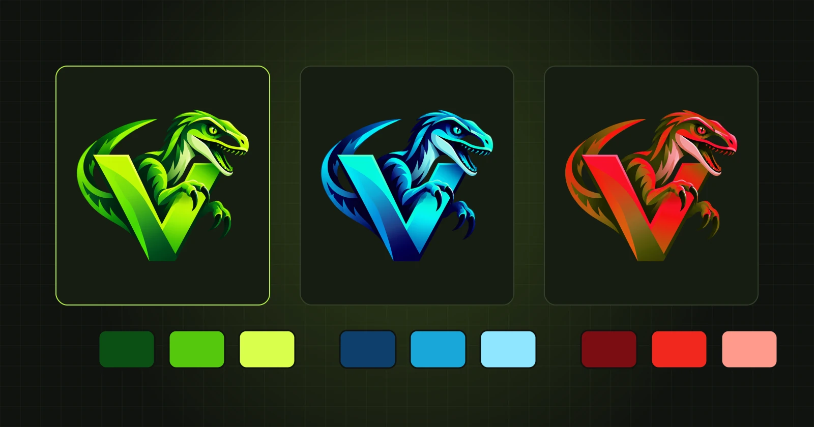 Un logotipo en tres versiones de color con muestras de color