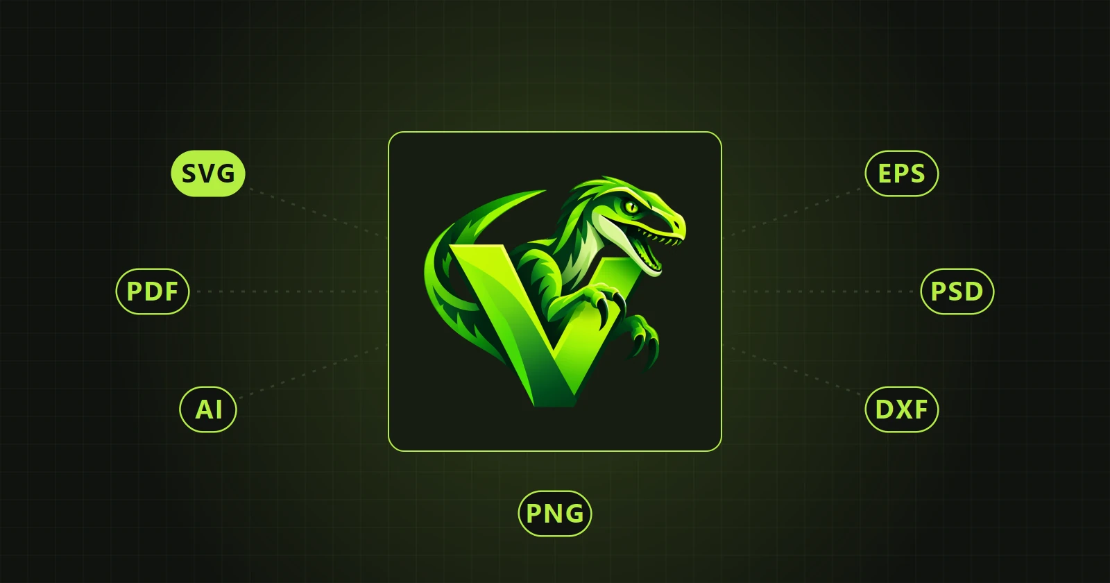 Un logotipo rodeado de las etiquetas de formato SVG, PDF, AI, EPS, PSD, DXF y PNG