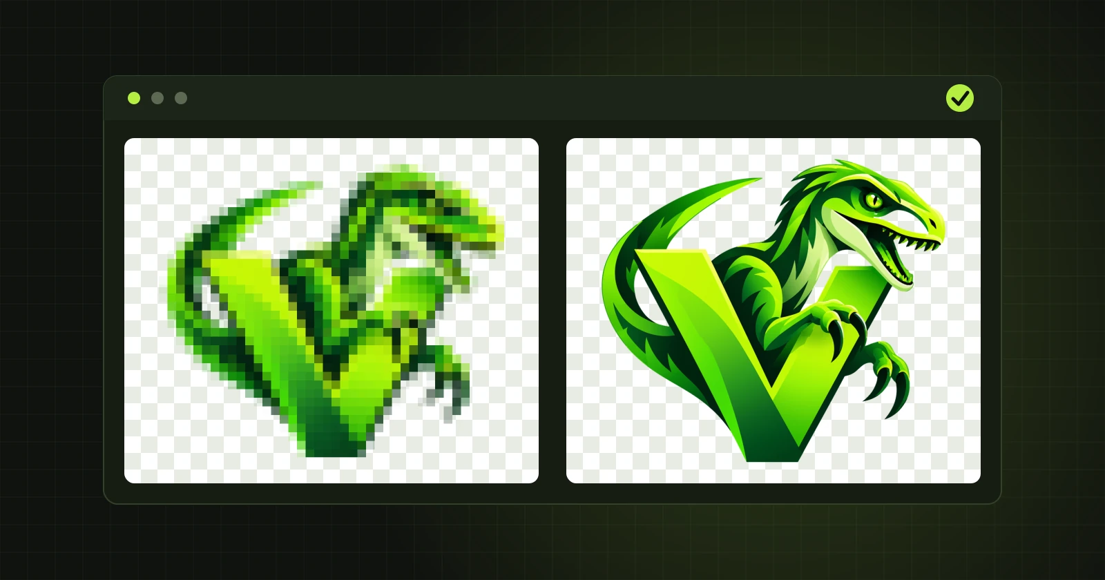 Una ventana del programa con un logotipo pixelado y el mismo logotipo como vector