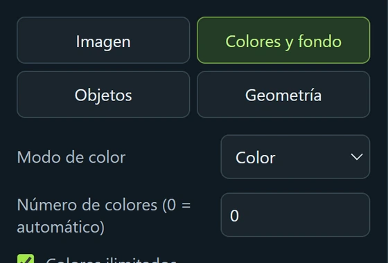 La pestaña Colores y fondo de VectorRaptor