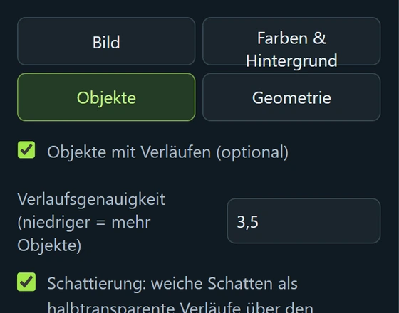 Der Reiter Objekte in VectorRaptor mit eingeschalteter Option Objekte mit Verläufen