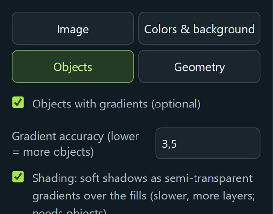The Objects tab in VectorRaptor with the option Objects with gradients switched on
