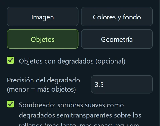 La pestaña Objetos de VectorRaptor con la opción Objetos con degradados activada