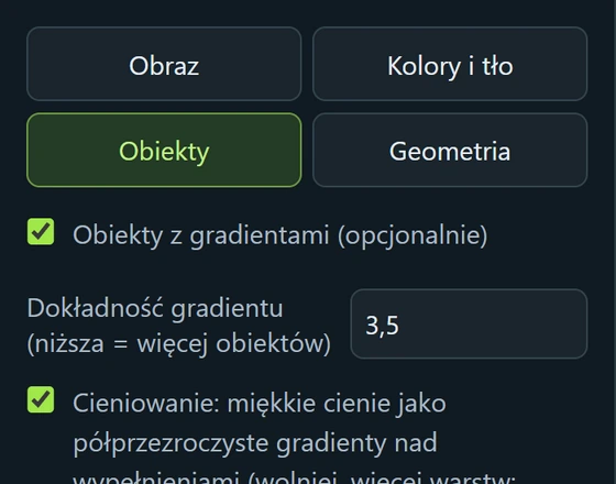 Zakładka Obiekty w programie VectorRaptor z włączoną opcją Obiekty z gradientami