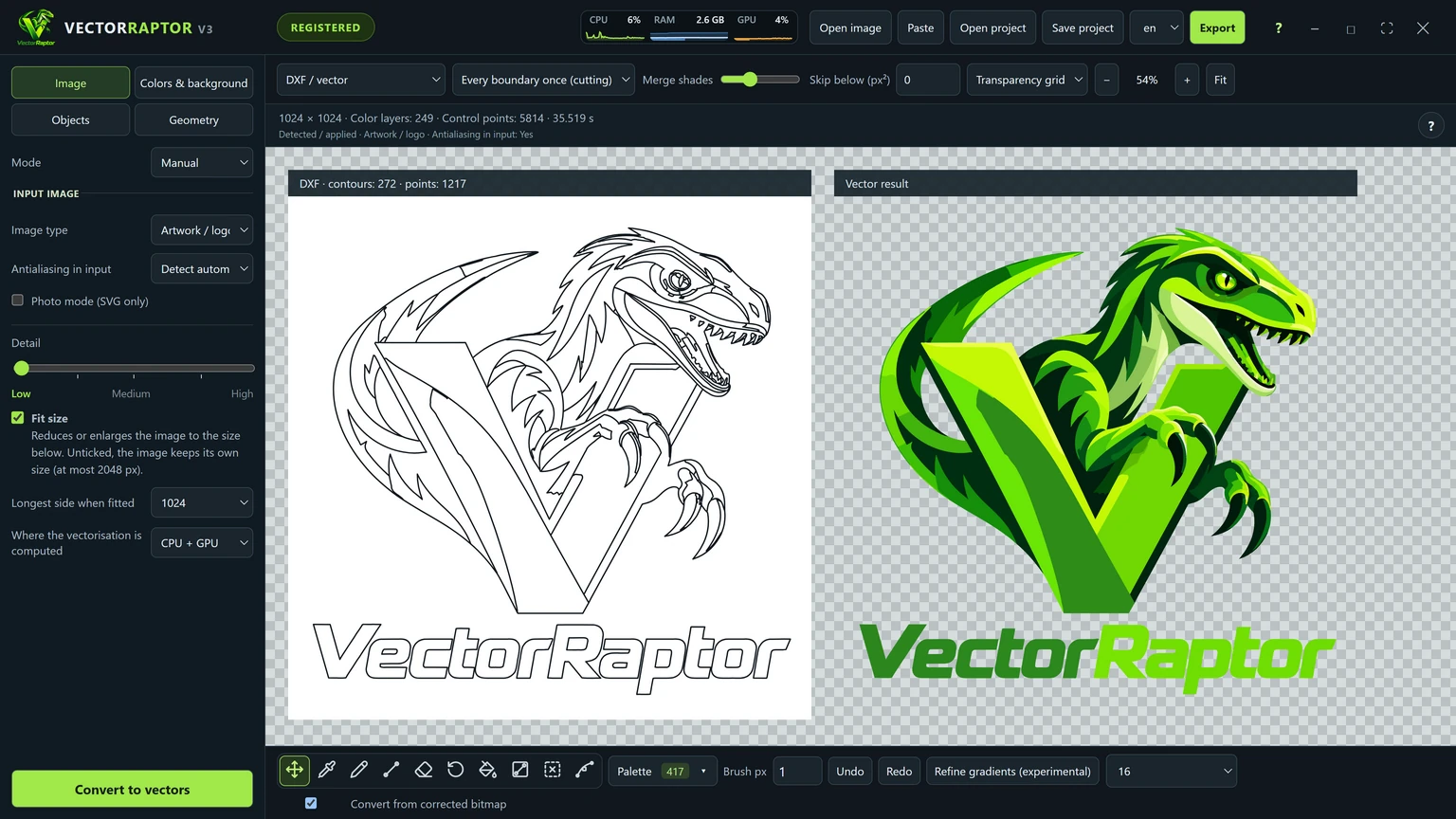 The DXF / vector view in VectorRaptor: the contours to cut on the left, the vector in flat colours on the right