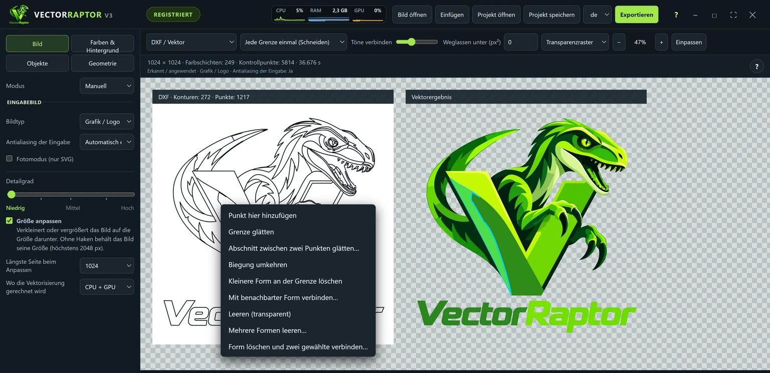 Das Rechtsklickmenü auf einer Konturlinie in der DXF-Ansicht von VectorRaptor