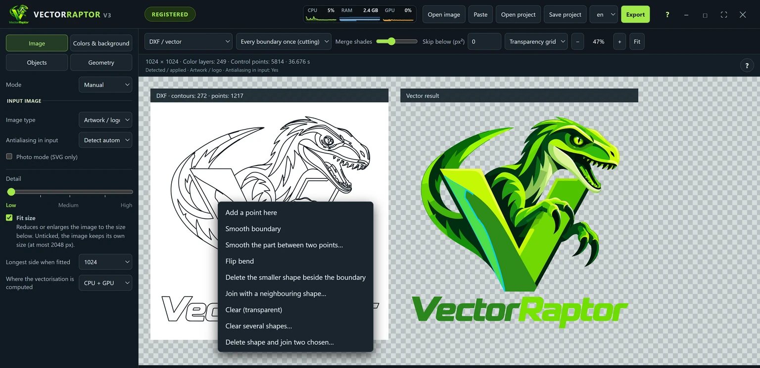 The right-click menu on a contour line in the DXF view of VectorRaptor