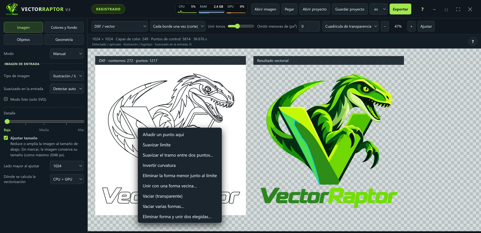 El menú del botón derecho sobre una línea de contorno en la vista DXF de VectorRaptor
