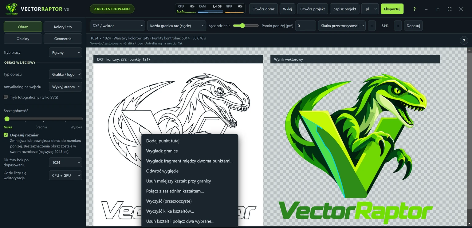 Menu prawego przycisku na linii konturu w widoku DXF programu VectorRaptor