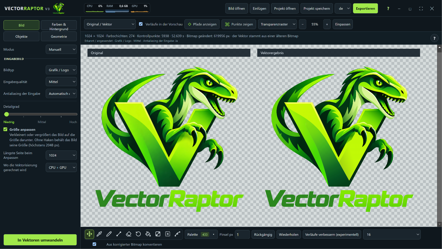 VectorRaptor auf Deutsch — Original und Vektor im Vergleich